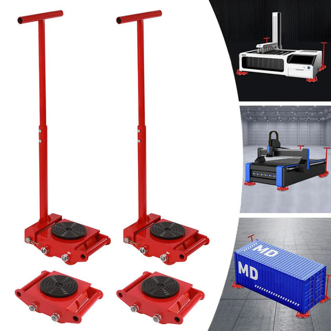 Four Piece Heavy Duty Machinery Skate Dollies Built For 13200 Lbs Loads With Sturdy PU Tires For smooth gear hauling in red.