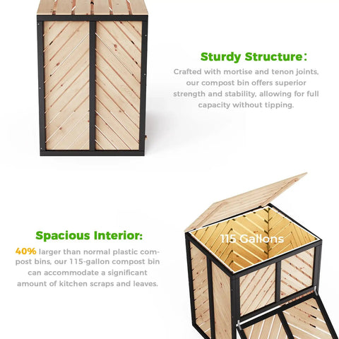 Beefy 115 Gallon Solid Wood Compost Bin with Pull Out Door and Flip Top Lid, built from Canada Spruce, showing front view