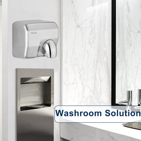 High Speed 1600W Wall Mounted Commercial Hand Dryer Stainless Steel Electric Hand Dryer For Bathrooms 110V Plug In Warm Wind Blower Fast 8 To 10 Second Dry Quiet Industrial Restroom Solution in a modern bathroom setting.