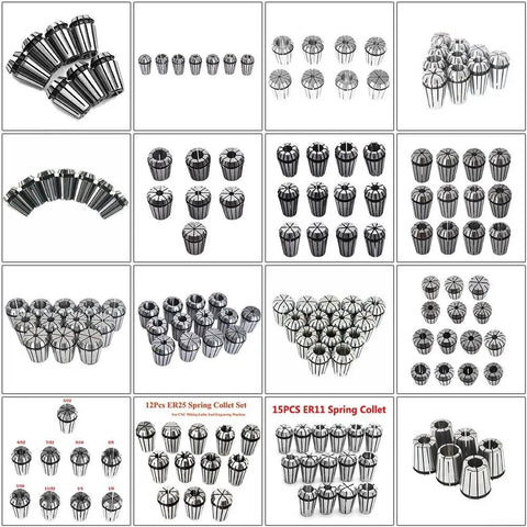 Dead Nuts Accurate Spring Collet Set For CNC Milling And Lathe Work Provides A Rock Solid Grip On Straight Shank Tooling Compatible ER11 Through ER40 Chucks, various sizes arranged in grid.