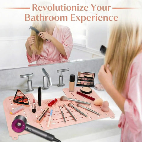 Foldable Silicone Sink Cover Is A Total Gamechanger For Keeping Your Bathroom Counter Crisp As It Acts Like A Waterproof Makeup Organizer on counter.