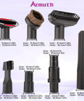 Seven Piece Vacuum Attachments Kit with hose adapter, crevice tool, upholstery tool, dust brush, various nozzle sizes displayed