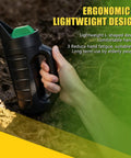Person holding black adjustable handheld seed shaker spreader for lawn care with 90 ounce capacity, green lid, ergonomic design.