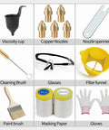 Accessories for Powerful HVLP Paint Sprayer With Five Copper Nozzles And Three Spray Patterns, including brush, funnel, gloves.