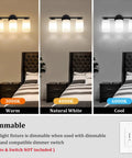 Black 2 Light Vanity Light Over Mirror Wall Sconce with Milky White Frosted Glass Shades in warm, natural, and cool light settings.