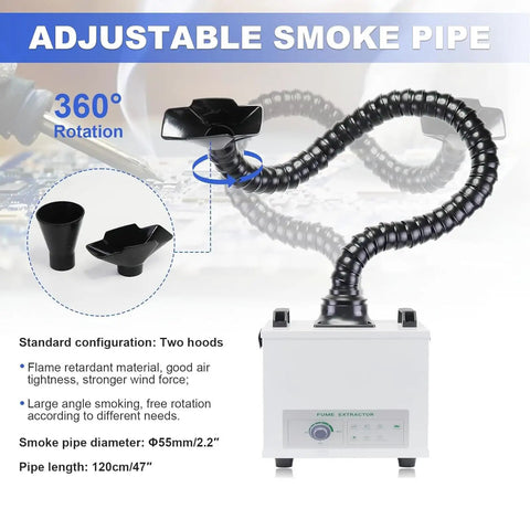 Solder Fume Extractor With 100W Motor, 200m3/h Suction, low noise unit showing adjustable 1.2m hose and two hood attachments