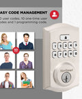 Keyless Entry Smart Lock With Electronic Keypad Deadbolt Auto Lock And Custom User Codes In Satin Nickel Finish shown with 50 user code images.