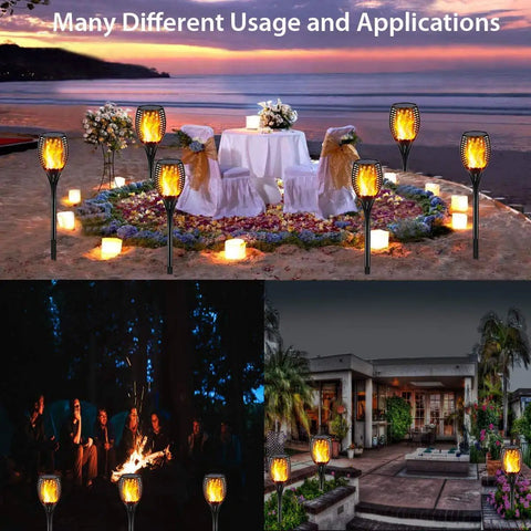 Two Pack Upgraded Solar Torch Lights With Realistic Dancing Flame LEDs 96 LED Dusk To Dawn Flicker 42.9 Inch Tall Outdoor Waterproof Garden Path Lighting For Patio Walkways illuminating different outdoor settings.