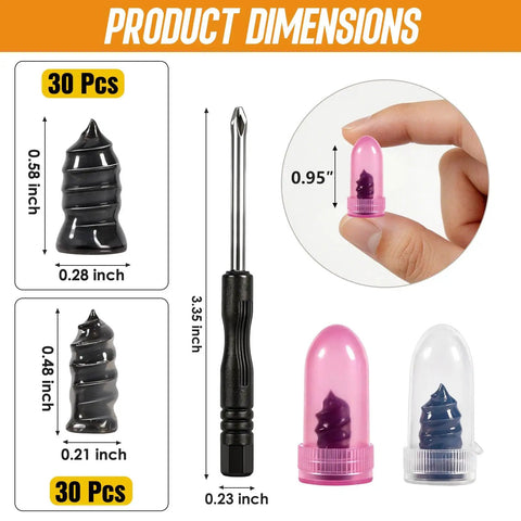 61 Piece DIY Tire Repair Kit With Screw Type Rubber Plugs And Screwdriver, dimensions shown for tubeless puncture tool kit.