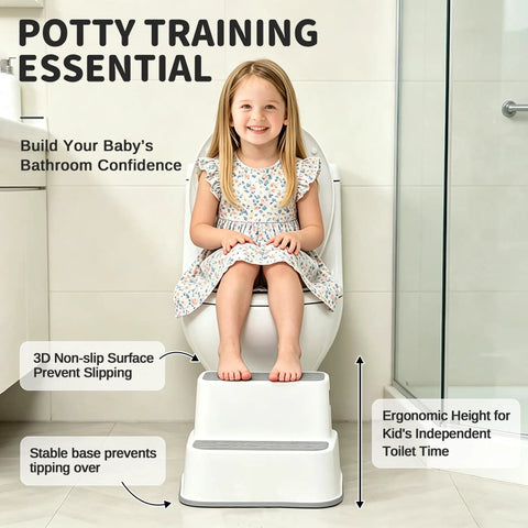 Rock Solid Toddler Step Stool For Bathroom Sink With Super Grippy Non Slip Base And Double Layer Platform Giving Little Ones Safe Counter Height Access In Classic Gray, with a child using it by a toilet.