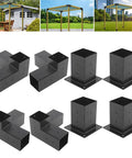 Rock Solid 3 Way Corner Post Brackets For 6 X 6 Lumber And Black Powder Coated Steel Deck Hardware With Hella Tough Outdoor Woodstand Connectors Plus Smooth Easy Assembly Eight Piece Set, showing eight black steel corner brackets.