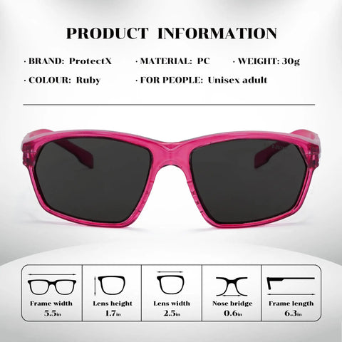 Heavy Duty Grind Ready Anti Fog Safety Glasses With Scratch Resistant Ruby Smoke Tint Polycarbonate Unisex Fit UV Shielding Front view showing dimensions and design.
