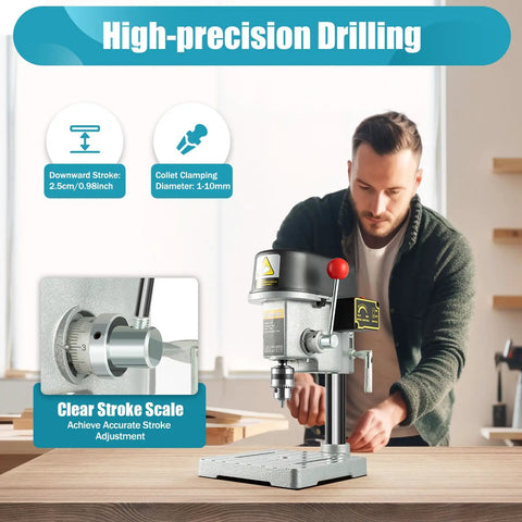 High-precision drilling with Shop Rated 340 Watt 3 Speed Benchtop Drill Press, featuring solid cast iron table, pure copper motor.