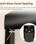 Smart glass panel spacing detail of Solid Build Matte Black Double Sliding Shower Door 56 To 60 Inches Wide X 70 Tall.