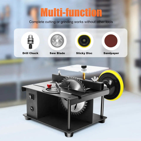 Portable Multi Function Table Saw With Drill Chuck And Sanding Kit showing components for cutting and grinding