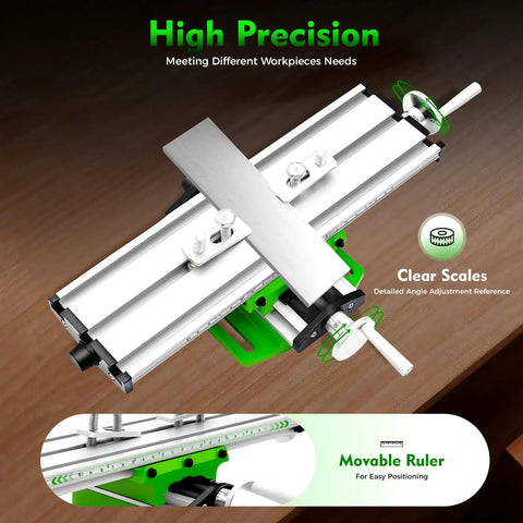 Two Axis X Y Cross Slide Table For Adjustable Compound Milling And Bench Drilling with clear scales and movable ruler for precise work.