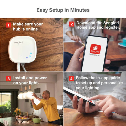 Setup guide showing Alexa Enabled Smart LED Bulbs Bundle With Hub 2700K Soft White A19 Dimmable 800 Lumens 60W Equivalent.