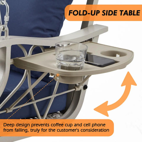Fold-up side table with cup holder and phone slot on Heavy Duty 900 Lbs Porch Swing Chair For Three Folks Outdoor Rattan Patio Lounge
