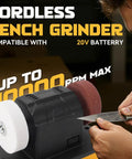 Powerful Cordless Mini Bench Grinder featuring Dual 3 Inch Wheels With Variable Speed Up To Six Thousand RPM perfect for tool sharpening and rust removal.