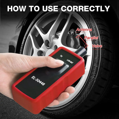 Straight Up Reliable Gm Tire Pressure Relearn Tool With Tpms Activation Scanner And Universal Sensor Programmer in use on a tire.