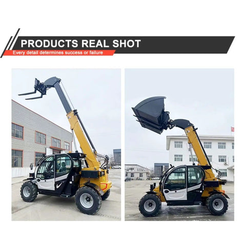Heavy Duty Hydraulic Telehandler Telescopic Forklift Loader With Four Wheel Drive built tough with raised forks and bucket.