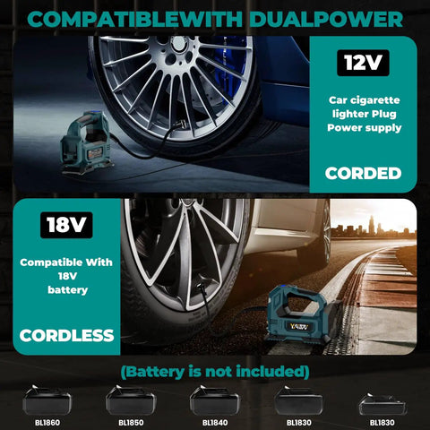 Cordless Tire Inflator Air Compressor For 18V Battery Systems 160 PSI Portable LED Light Handheld Pump On The Go With Digital Pressure Gauge For Cars Motorcycles Bikes And Sports Balls Battery Not Included, depicting dual power compatibility options for 12V and 18V systems.