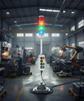 Slick Four Stack Led Andon Tower Light For Busy Factory Floors And Production Lines With Bright Status Alerts in a workshop setting.