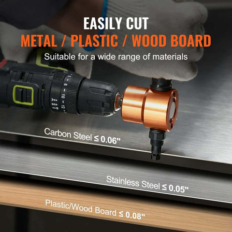 Double Head Sheet Metal Nibbler Cutter With 360 Degree Drill Attachment cutting metal, plastic, and wood board, showing material thickness