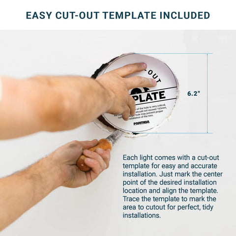 Person using cut-out template for Six Pack Ultra Thin 6 Inch LED Recessed Ceiling Light With Junction Box, 12W Dimmable Canless Wafer Slim Panel