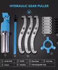 Heavy Duty Hydraulic Bearing Puller Plier Tool With Adjustable Dual Or Triple Jaws parts including pump body, handles, and claws.