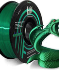 Silk PLA Filament 1.75mm 1Kg Spool For 3D Printers, Dope Silk Green With Smooth Finish, shown with printed green dragon model.
