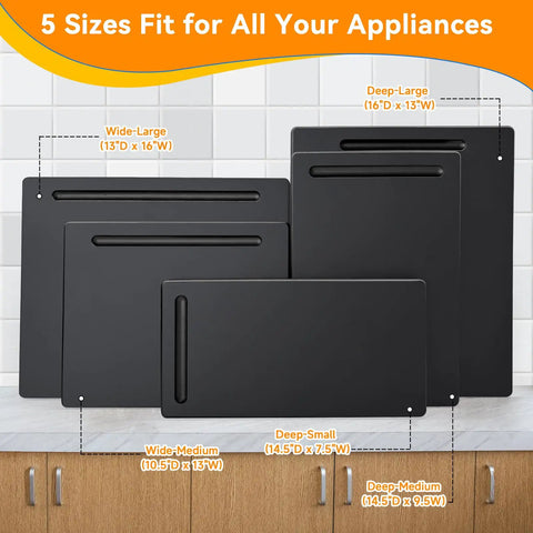Premium Wood Appliance Slider With Slick 360 Swivel Wheels Heavy Duty Kitchen Counter Mover For Coffee Maker And Small Appliances showing five sizes on a kitchen countertop.