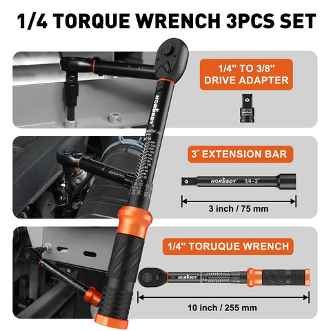 Quarter Inch Torque Wrench Set With 20 To 240 In-Lb Range, Three Inch Extension Bar, One Quarter To Three Eighths Inch Adapter, Cr-V Pro-Grade Inch-Pound Wrenches For Bike Motorcycle And Small Engine Repair shown with 1/4-inch wrench, adapter, and 3-inch extension