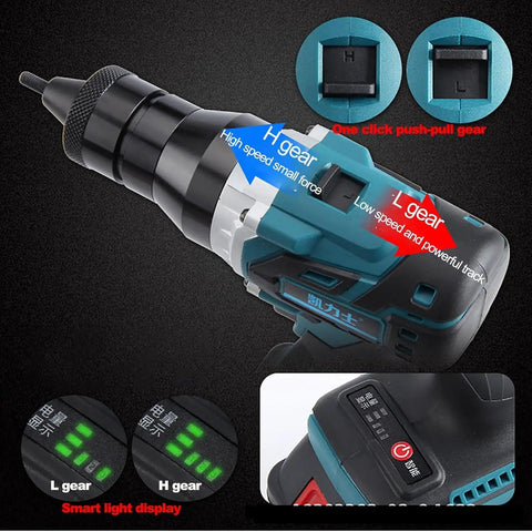 No Strings Attached Cordless Rivet Nut Gun Set With Built In Led Light And Beefy 26 Volt Battery For M3 Through M12 Blind Riveting Go Anywhere Power Tool Kit Pro Grade with gear settings.