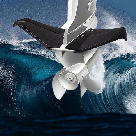 Hydrofoil Stabilizer for Outboard Boats, Cuts Drag and Cavitation, Stops Bow Rise and Porpoising, Improves Planing Stability on 50-300 HP Engines, Durable PP Wing, Long-Lasting Performance front view on propeller with ocean backdrop