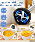 Close-up of a 4-prong blade from the Powerful 1000W Immersion Blender 5 In 1 Handheld Electric Mixer with soup bowls.