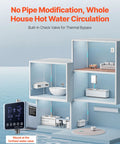 Smart Digital Instant Hot Water Recirculating Pump Kit under sink with Thermostat Timer and Auto Shutoff showing check valve for thermal bypass.