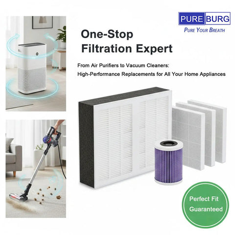 Replacement Filter For Levoit LV-H133 Air Purifier LV-H133 RF H13 True HEPA Activated Carbon Beefed Up Three Stage Filtration With Easy Install Reduces Dust Pollen Smoke Pet Dander And Other Tiny PM25 Particles Pack Of 1 shown alongside vacuum scene