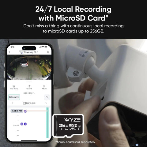 Badass Outdoor Security Floodlight Camera Streaming Crisp 2K HD Video showing local recording on smartphone with microSD card options.