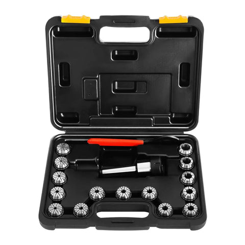 Professional Grade Rock Solid MT3 ER32 Collet Chuck Kit With Fifteen Precision Collets And Spanner Wrench in case, showing tools arranged neatly.
