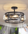 Industrial Crystal Ceiling Fan With Lights, flush mount low profile ceiling fan with reversible DC motor in a modern room.