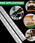 Two Pack Heavy Duty Piano Hinge Set, 2 Inch Open Width By 20 Inch Length, 0.06 Inch Thick Stainless Steel With Holes displayed with applications