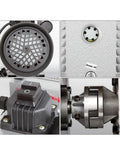 Close-up details of KGKGK 2XZ-2 Two Stage Rotary Vane Vacuum Pump including motor, switch, and oil drain port.