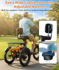 Man riding Powerful 1200W Folding Trike Ebike with 499Wh removable battery, focusing on cushioned seat and backrest, step through design.
