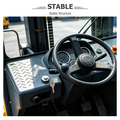 Interior view of a forklift dashboard with steering wheel, gauges, and keys for Heavy Duty Forklift Limit Fixed Pin 3 Pack Lock Pin.