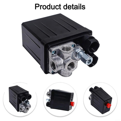 Air Compressor Pressure Switch 90 To 120 Psi 240V Replacement With Four Port Manifold For shop tools, metal housing, compact design.