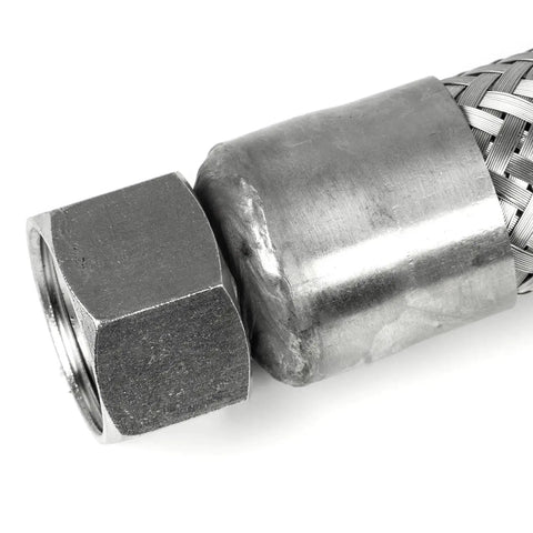 Close-up of Heavy Duty 304 Stainless Steel 1 X 36 Braided Discharge Hose For Air Compressor 900 Psi with metal fittings.