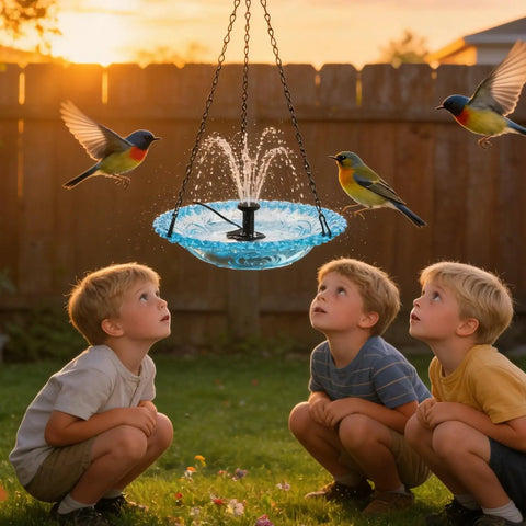 USB Powered Cascade Hanging Bird Bath Fountain For Outdoor Gardens Lawns Patios Eaves And Courtyards Low-Light Friendly Water Feature with children observing birds
