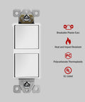 Double Paddle Rocker Decorator Switch Gloss White Clamp Type Wiring Copper Wires Only Single Pole Residential And Commercial Grade 15A 120 To 277VAC 5 Pack front view with features