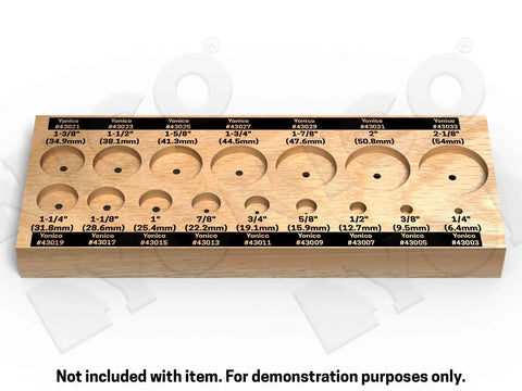 Forstner Drill Bit Set 16 Piece With Case Three Eighths Inch Shank High Speed Steel Woodworking Bits hole size demonstration block.
